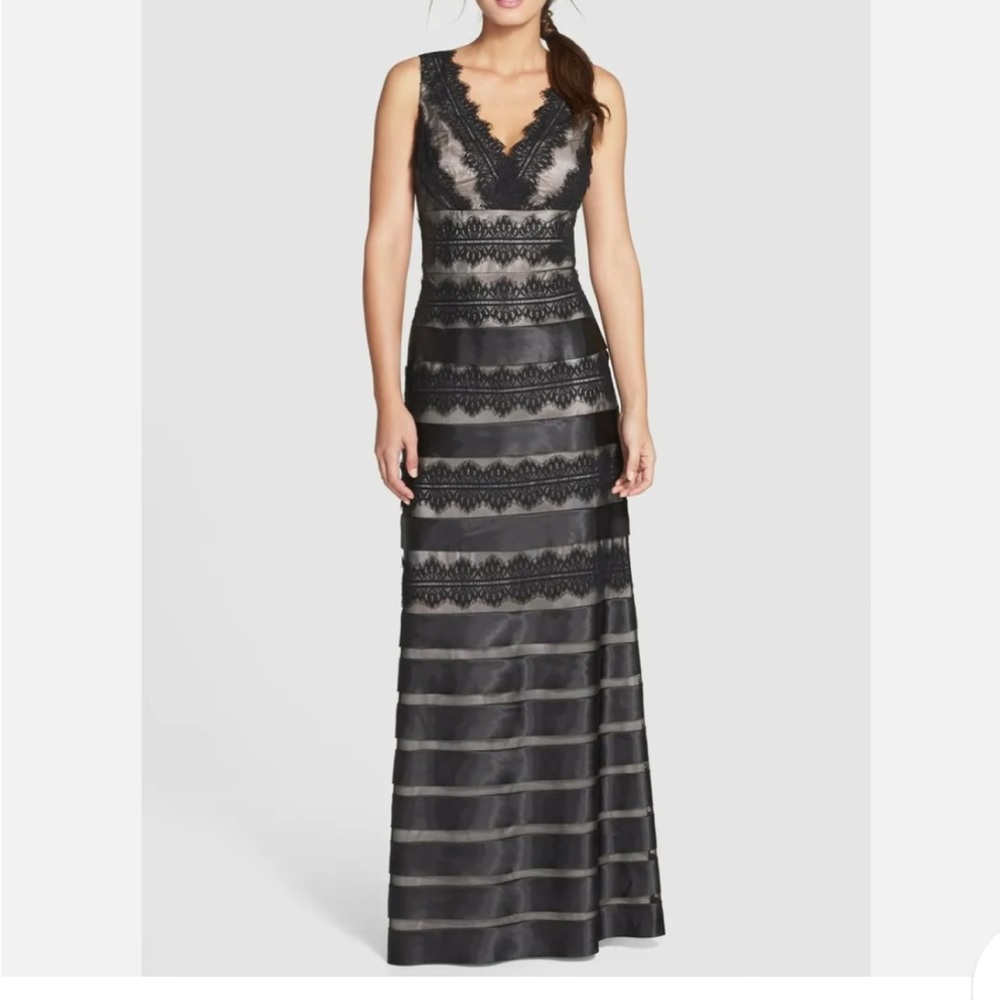 JS Collections Black Lace Satin V Neck Long Formal Dress Cap Sleeves